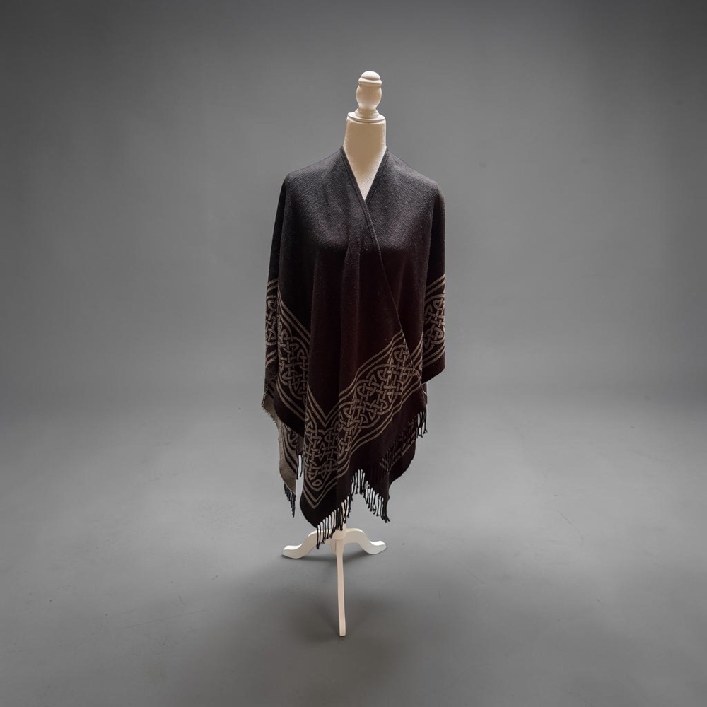 Cejon Celtic Knot Fringe Poncho Black Grey Ruana Wrap Cape One Size Shawl Cloak